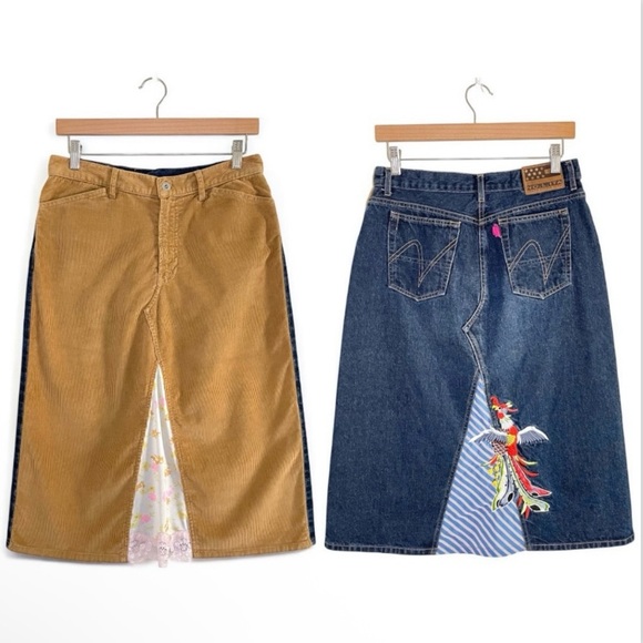 Vintage Y2K No.L.Ita North Little Italy Mixed Media Corduroy Denim Midi Skirt 8 - Picture 1 of 16